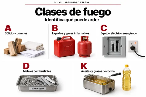 Clases de fuego A, B, C, D y K con ejemplos de materiales y equipos
